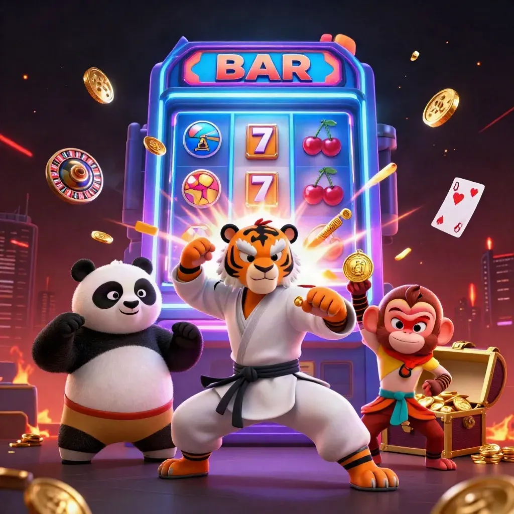 Tigre kung-fu, panda e scimmia tra slot, monete d’oro e luci neon in scena cinematica.