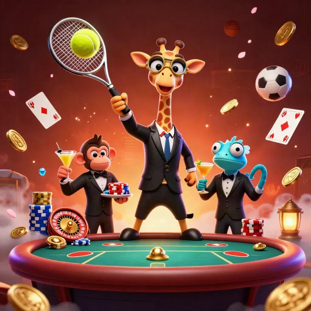 Giraffa, scimmia e camaleonte in scena neon con palla da tennis e fiches volanti