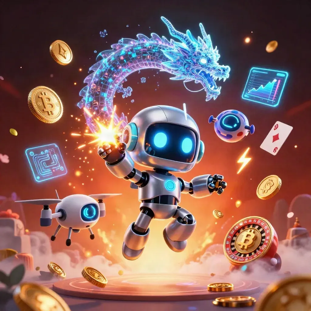 Robot cyberpunk, drago olografico e monete crypto in scena neon drammatica per casino