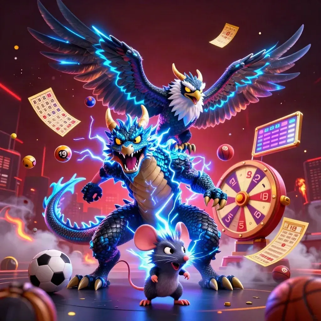 Drago elettrico, falco e topo in scena casino neon con palline, ruota premio e lampi.