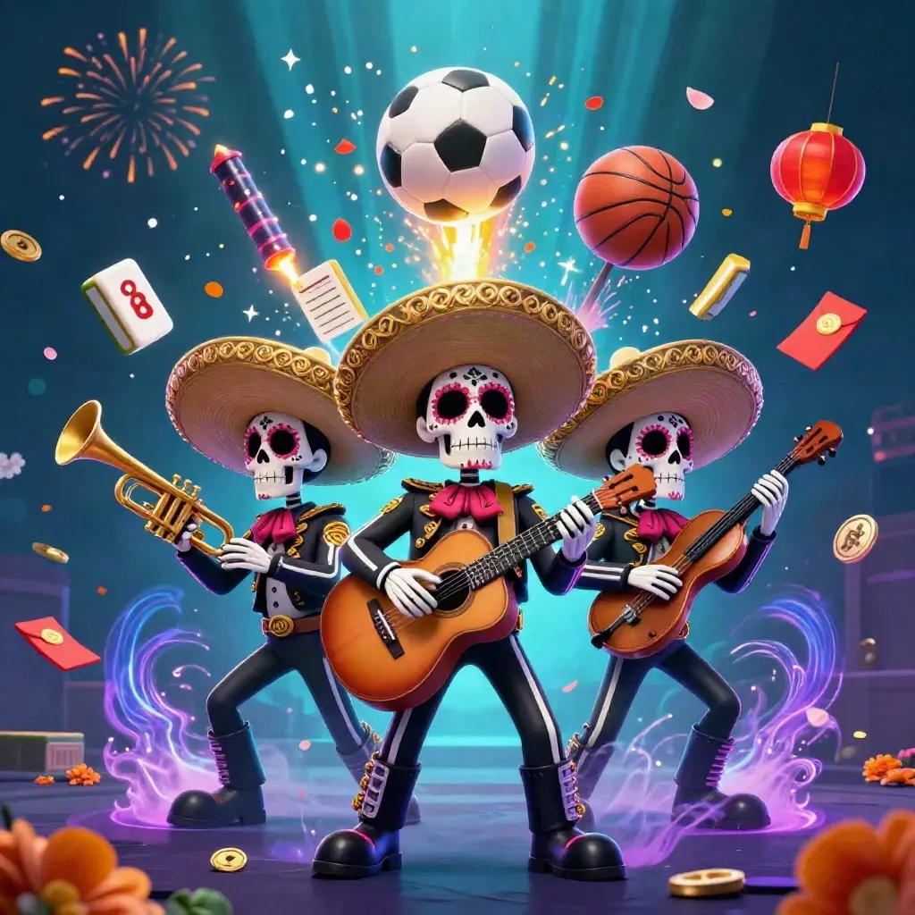 Trio di scheletri mariachi tra sfere, lanterne, petali e luci neon in stile casinò futuristico.