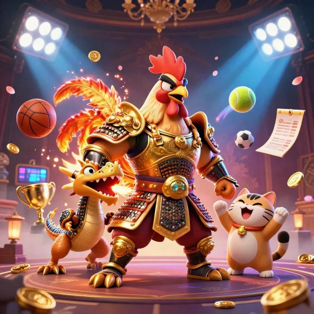 Gallo samurai, drago e gatto portafortuna tra palle sportive e luci neon.