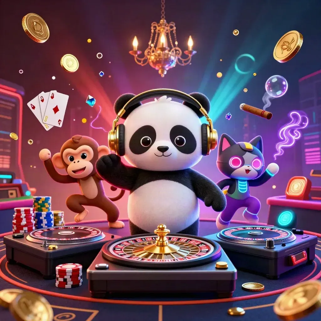Panda DJ, scimmia ballerina e gattino glow in un casinò neon con ruote e monete