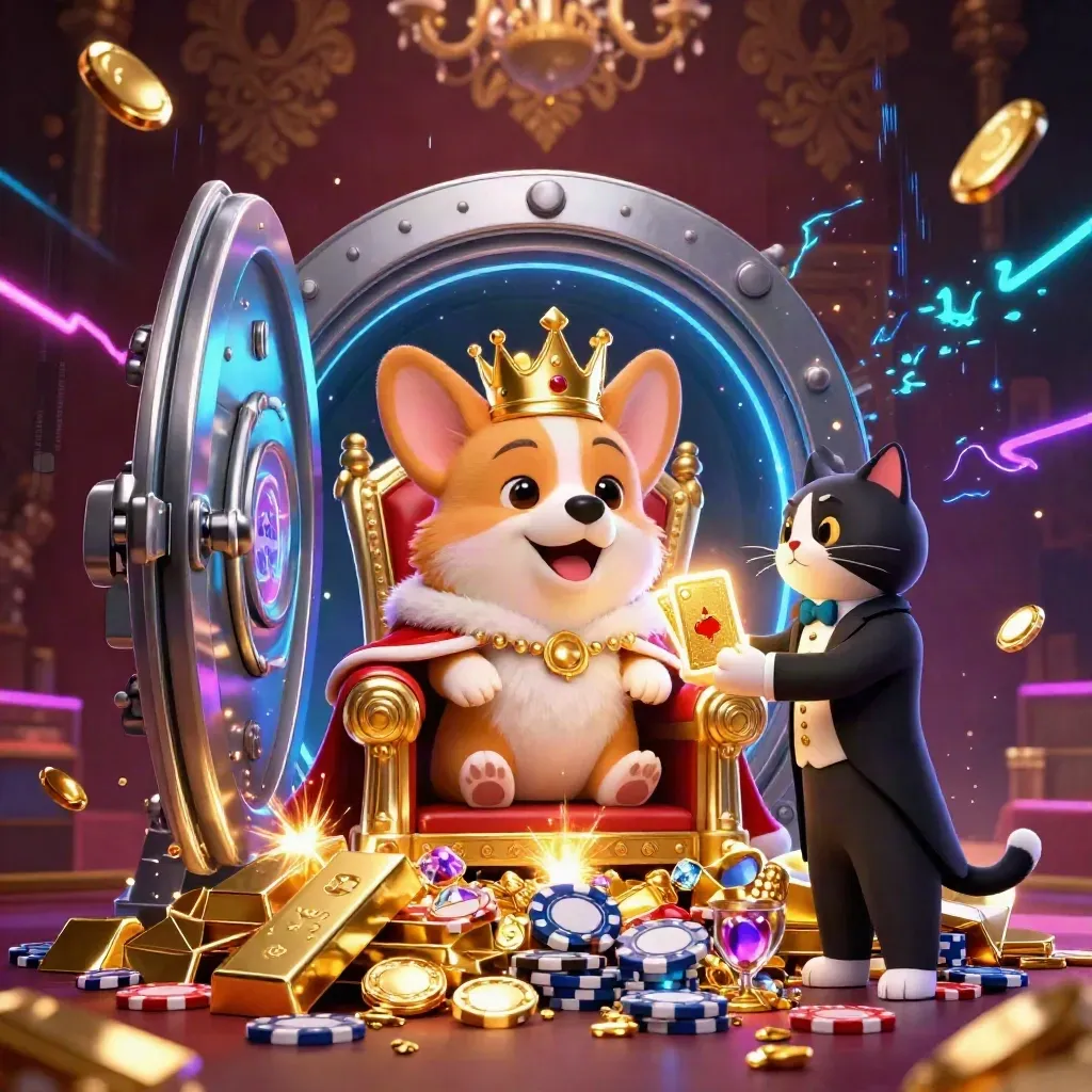 Corgi reale 3D con gatto maggiordomo, caveau d’oro, gemme e lampi neon su sfondo damascato