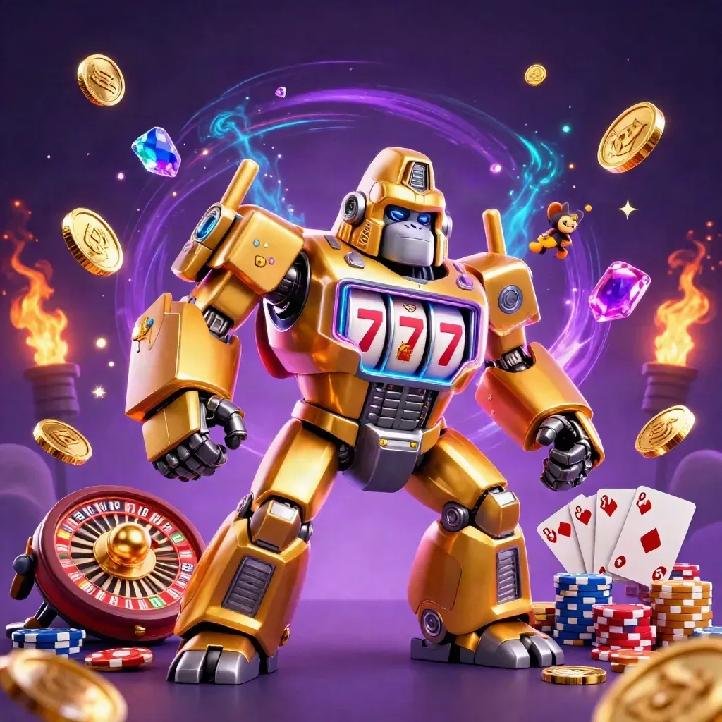 Gorilla mech dorato tra monete, gemme, carte e roulette in un’esplosione neon.