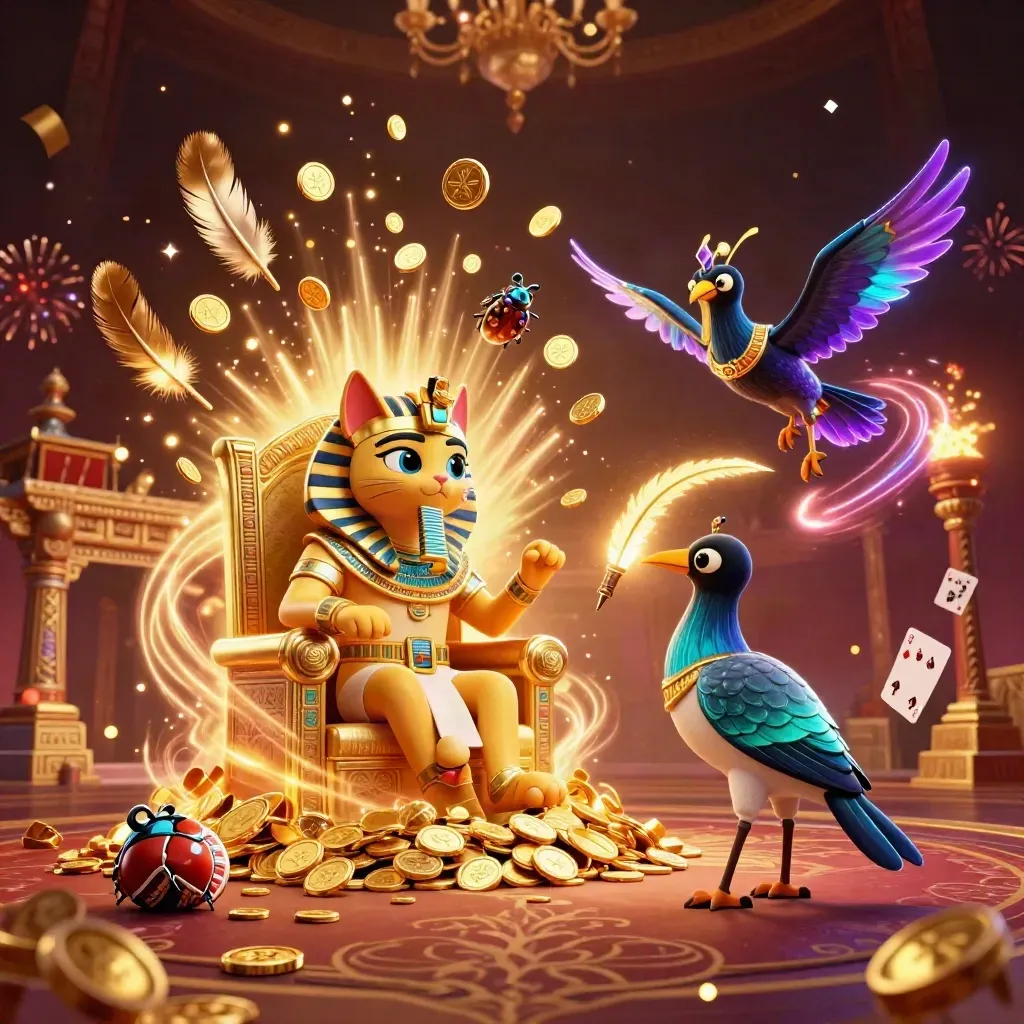 Gatto faraone su trono d’oro con scriba ibis e scarabei, monete e fuochi d’artificio nel buio.