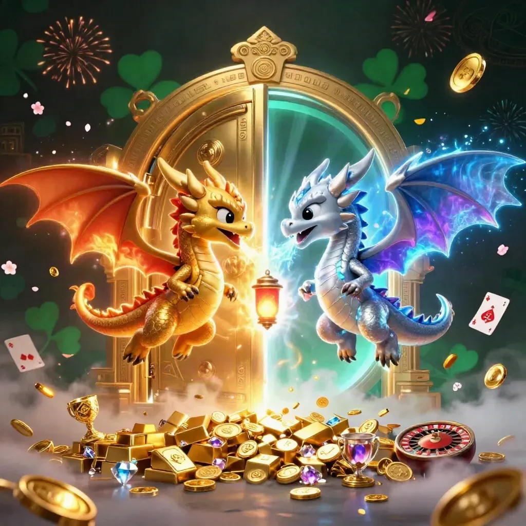 Due draghi 3D oro e argento, caveau aperto, tesori, scintille, rune e fuochi d’artificio.