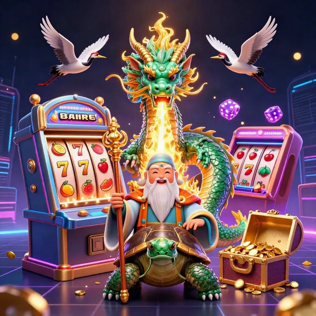 Drago di giada con tartaruga saggia, gru e slot machine che esplode di oro e simboli neon