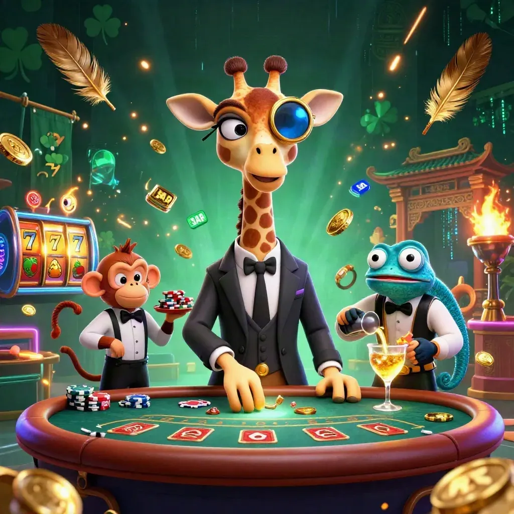 Giraffa elegante, scimmia e camaleonte tra fiches, slot, bagliori neon e tempio dorato.