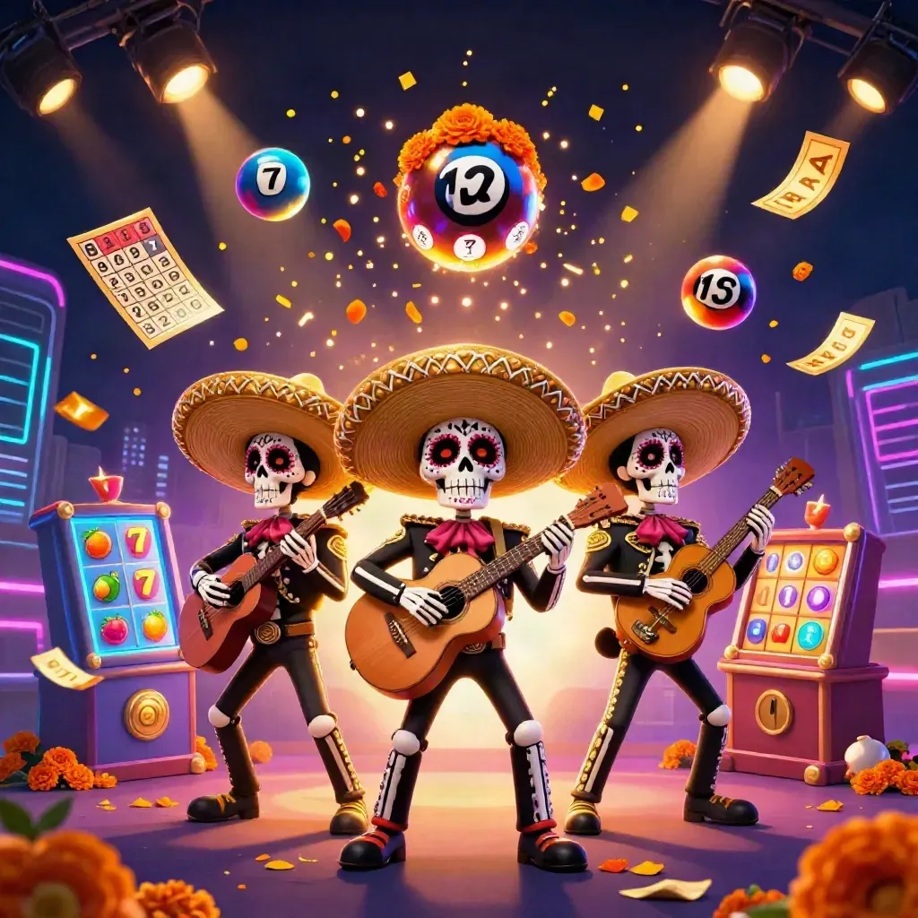 Trio di scheletri mariachi 3D tra biglie, ruota premio e neon blu su sfondo scuro.
