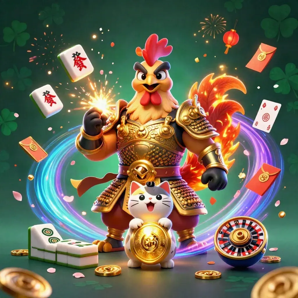 Gallo guerriero, draghetto e gatto fortunato tra simboli gold e bagliori neon